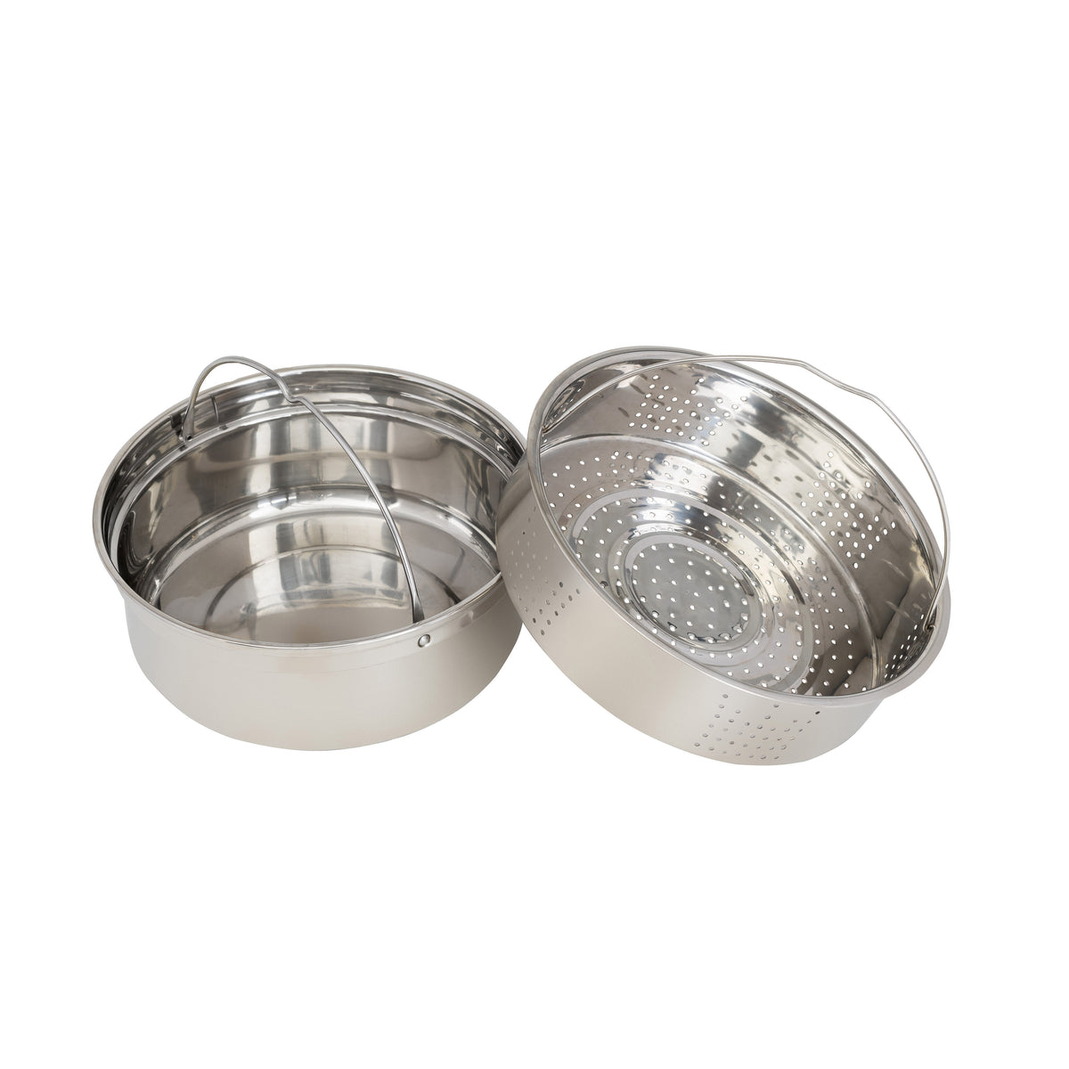 Two stainless steel RockPot inner cooking pans, one solid and one perforated
