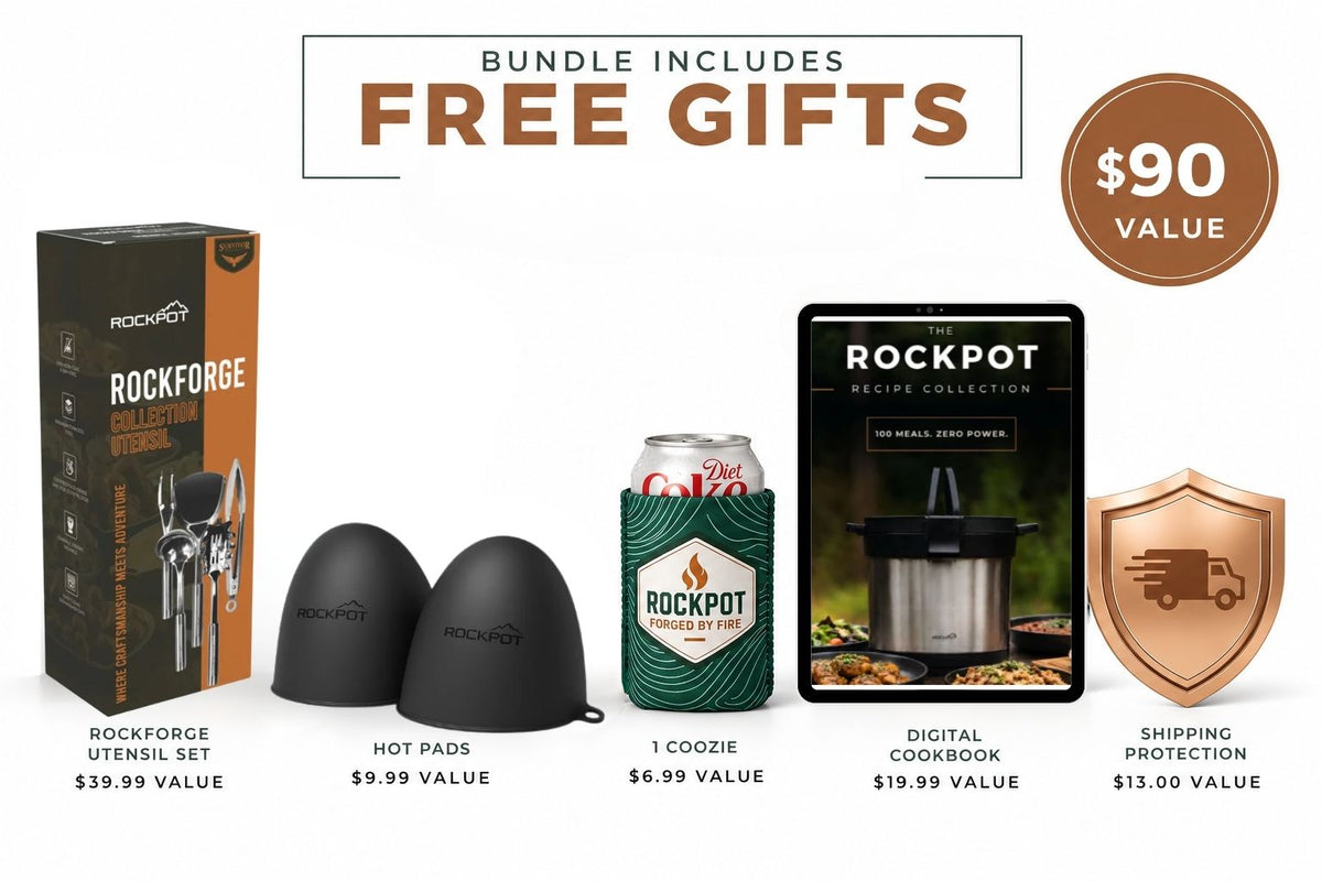 Bundle includes free gifts: Rockforge Utensil Set, Hot Pads, Coozie, Digital Cookbook, Shipping Protection. $90 value.