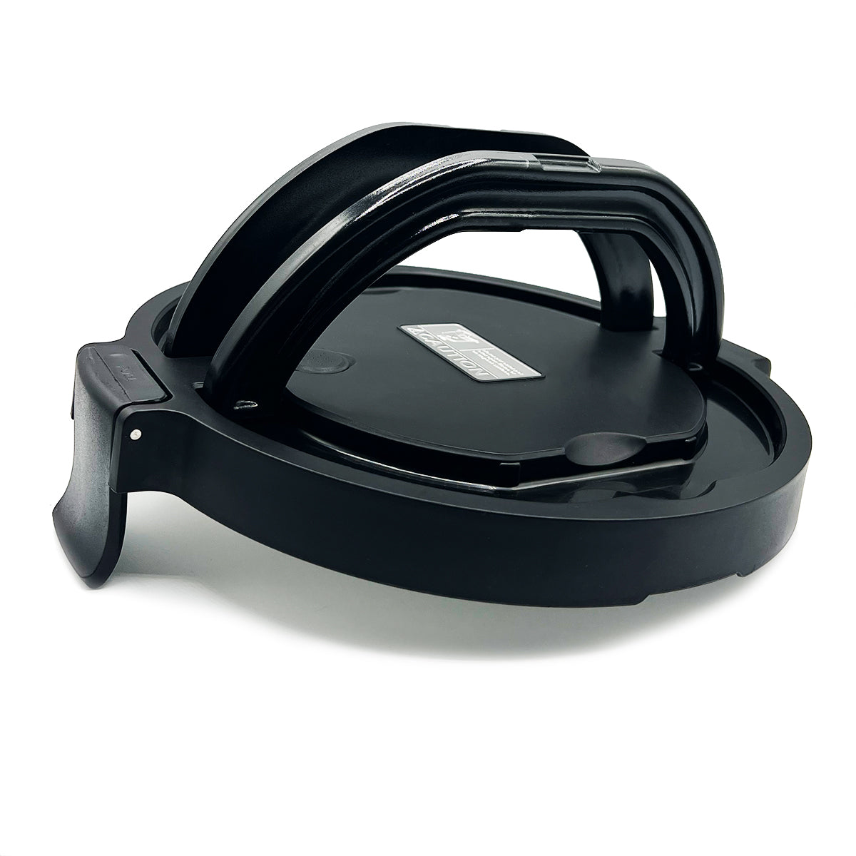 Black RockPot replacement lid with carry handle, angled view