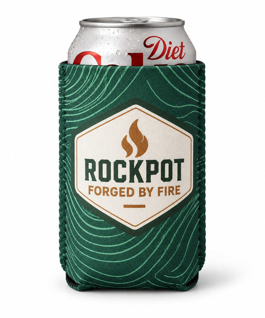 RockPot Coozie in green topo print with Forged by Fire badge